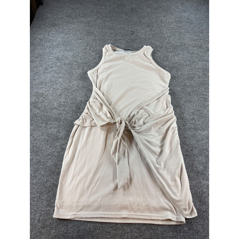 BTFBM Women Taupe Sleeveless Front Tie Knot Crewneck Mini Dress Medium